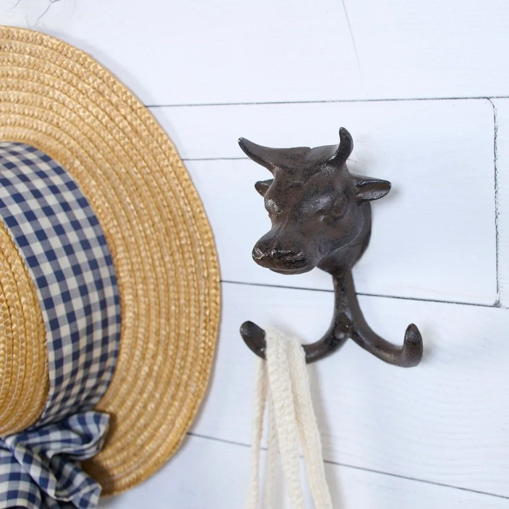 Cast Iron Bull Cow Head Wall Hook Rustic Farmhouse Ranch Cottage Decor